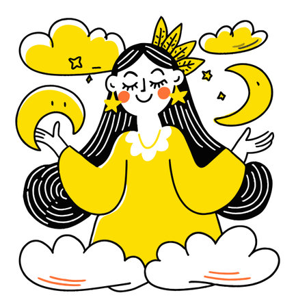 This vibrant vector illustration features a joyful woman surrounded by moons and clouds. Ideal for creative projects, this artwork embodies whimsy and positivity.のイラスト素材