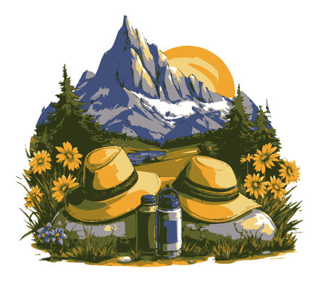 Experience the beauty of adventure with mountains, sunflowers, and essential gear. This vibrant scene captures a perfect outdoor getaway filled with nature's charm.のイラスト素材