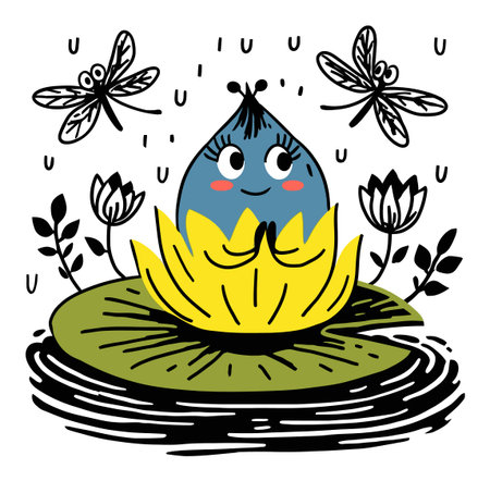 Delightful illustration of a cute cartoon water lily with a smiling character, surrounded by playful dragonflies. Perfect for nature-themed designs.のイラスト素材