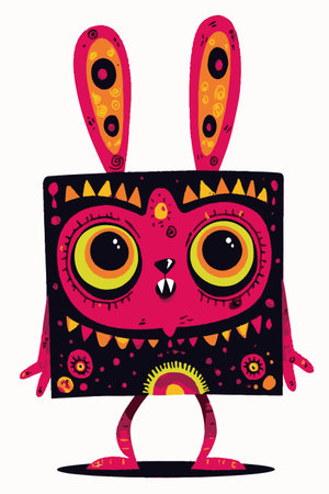 Vibrant cartoon monster character with big eyes and bunny ears, set against a contrasting abstract background. Perfect for playful and imaginative themes.のイラスト素材