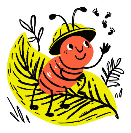 Cute cartoon insect character wearing a hat, happily waving while sitting on a vibrant leaf. Perfect for children's illustrations, nature themes, and playful designs.のイラスト素材