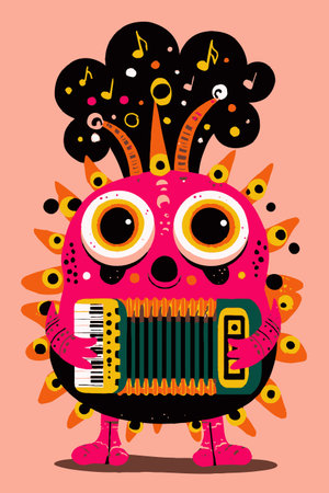 This playful cartoon features a colorful monster joyfully playing an accordion, surrounded by swirling musical notes, perfect for kids' art or playful designs.のイラスト素材