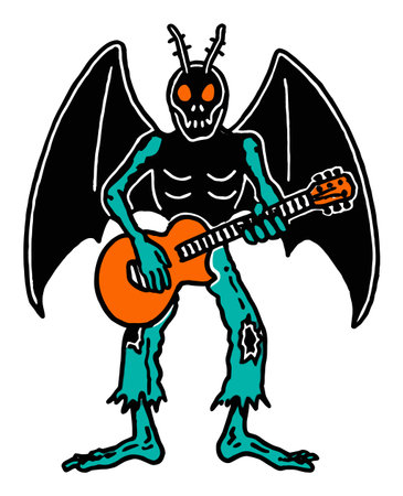 A vibrant cartoon monster with insect features and bat wings plays the guitar. This unique and spooky artwork combines humor and horror, making it a perfect fit for creative projects.のイラスト素材