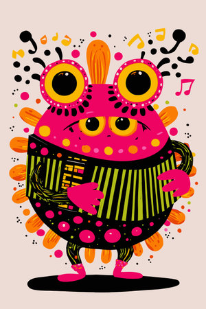 A whimsical cartoon monster character with vibrant colors plays an accordion, surrounded by musical notes. This playful illustration is perfect for creative projects.のイラスト素材