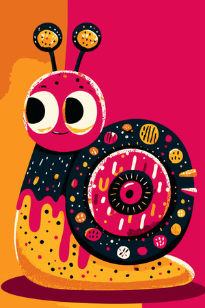 This cute cartoon snail character features vibrant colors and playful patterns, perfect for children's decor or fun illustrations. Bright and cheerful design!のイラスト素材
