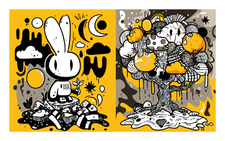 Explore this whimsical doodle art featuring a playful rabbit character amidst surreal trees and vibrant colors. Perfect for art lovers and designers!のイラスト素材