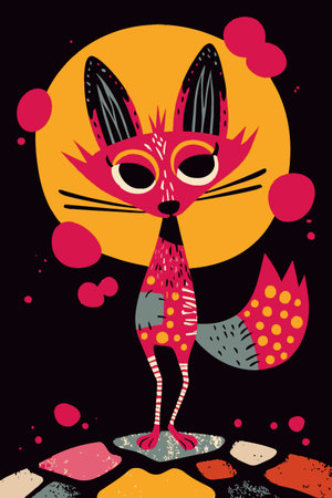 This vibrant cartoon fox illustration features bold colors and playful patterns, creating a whimsical character set against a striking yellow background.のイラスト素材