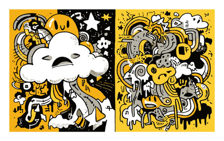 Vibrant abstract doodle art featuring a cloud, whimsical stars, and playful designs in yellow and black. Perfect for modern decor or creative projects.のイラスト素材