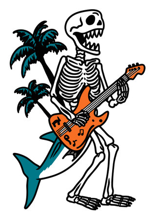 Cheerful vector illustration of a skeleton playing guitar with a shark and palm trees, capturing a fun tropical vibe perfect for summer themes and music.のイラスト素材
