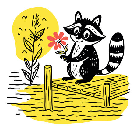 Adorable raccoon cartoon holding a flower while standing on a plank, set against a bright yellow backdrop. Ideal for playful and cheerful designs.のイラスト素材