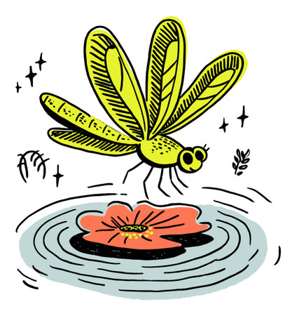 Vibrant illustration of a yellow dragonfly hovering over a red flower in water. This playful design captures the beauty of nature in a whimsical style. Perfect for various creative projects.のイラスト素材