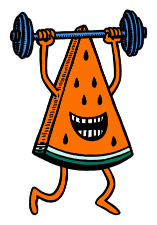 This vibrant cartoon illustration features a cheerful watermelon character lifting weights, symbolizing fitness and fun. Perfect for health themes!のイラスト素材