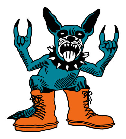 Creative vector illustration of a cartoon dog in orange boots striking a rock pose. Features vibrant colors and playful design elements, perfect for merchandise or decor.のイラスト素材