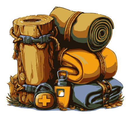 A vibrant illustration of essential camping gear including rolled mats, water, and a first aid kit, perfect for outdoor adventures and nature explorations.のイラスト素材