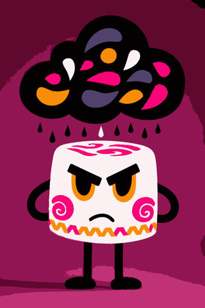 This playful cartoon character embodies anger, standing under a dark cloud with colorful raindrops. The whimsical design features vibrant colors and expressive details.のイラスト素材