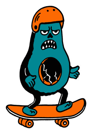 Explore a vibrant and playful cartoon avocado character skateboarding with a distinctive expression. Ideal for fun designs and youth-oriented themes.のイラスト素材