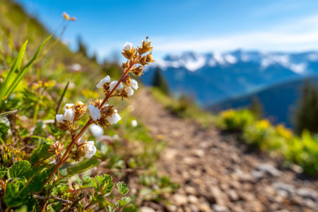 A stunning snow-dusted wildflower stem stands alone on a mountain trail, framed by a bright blue sky and rocky landscape, capturing the essence of nature's beauty.の素材
