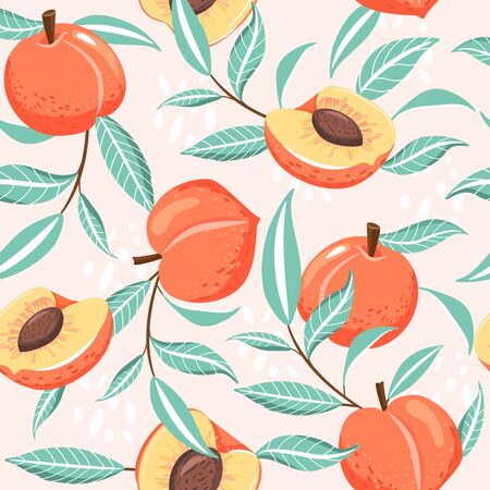Seamless pattern with peach, slices, green leaves and abstract element. Summer vibes. Vector texture...