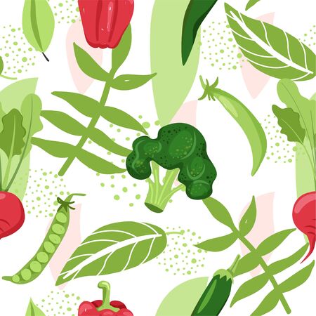Contemporary seamless pattern with various vegetable, leaves and abstract elements. Creative floral collage. Vector texture for textile, wrapping paper, scrapbooking, packaging etc. Vector illustration.のイラスト素材