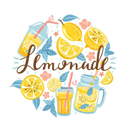 Summer set with lemon, lemon slice, mint, flower, jar with lemonade and lettering. Circle shape composition. Vector illustration on white background.のイラスト素材