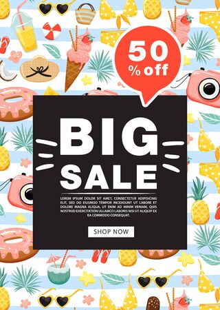 Summer sale promotion banner template. Ice cream, fruit, flip flops, sunglasses, hat, camera, cocktail, swimsuit, tropical flower and leaves.  Vector illustration for discount offer.のイラスト素材