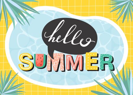 Hello summer banner. Beautiful summer poster with water surface, lettering, palm leaves and...