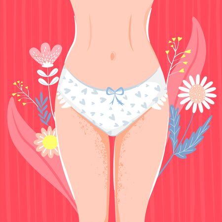 Woman reproductive health illustration with woman body, groin of female, panty and flowers. Vector illustration.のイラスト素材