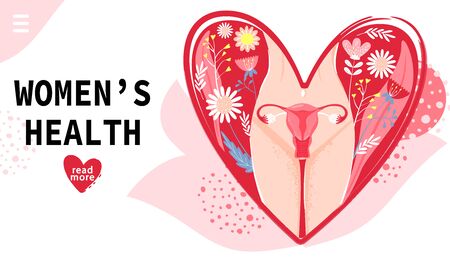 Landing page template. Woman's health concept with woman body, groin of female, uterus and flowers in heart shape. Vector illustration.のイラスト素材