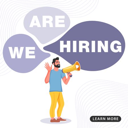 Job banner. Man shouting on megaphone with we are hiring word. Can use for banner, poster, flyer, presentation and social media. Vector illustration.のイラスト素材