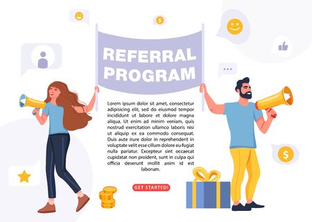 Refer a friend concept. People holding a flag with referral program word. Man and woman shouting on megaphone. Vector.のイラスト素材