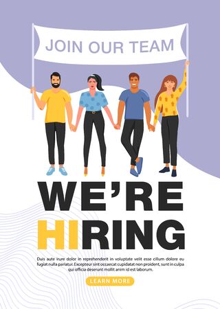 We are hiring concept. Recruitment agency. Group of people holding a flag with join our team word. Banner template. Vector illustration.のイラスト素材