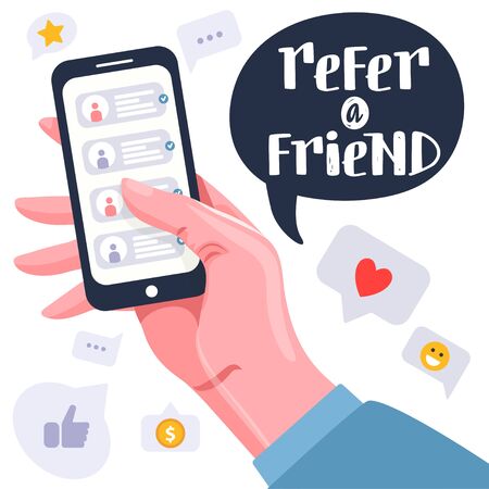 Refer a friend or Referral marketing concept. Hand holding phone with contacts of friends. Social communication, loyalty program, social media marketing for friends. Banner template. Vector.のイラスト素材