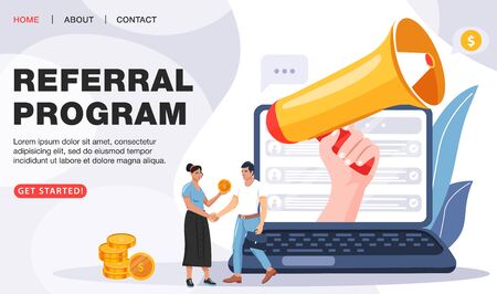 Refer a friend concept. Laptop notebook screen with loudspeaker invites friends to referral program. Business people shaking hands. Loyalty program, social media marketing for friends. Landing page template. Vector.のイラスト素材