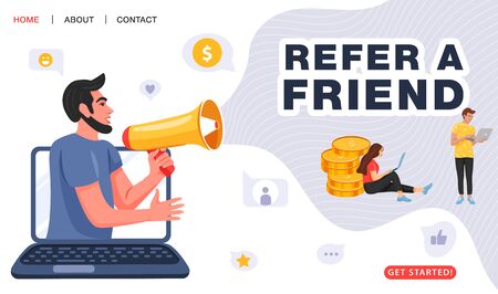Refer a friend concept. Man with a megaphone invites his friends to referral program. People share info about referral program. Social communication, loyalty program, social media marketing for friends. Vector.のイラスト素材