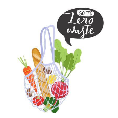 Zero waste concept. Eco bag with vegetables for eco friendly living. Stylish typography slogan design "Go to zero waste" sign. Vector illustration.のイラスト素材