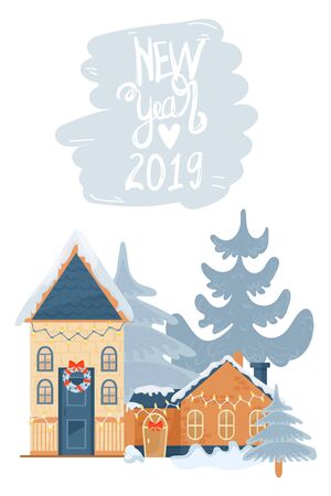 Christmas and Happy New Year illustration. Merry Christmas houses with fir-tree in forest background. Vector illustration.のイラスト素材