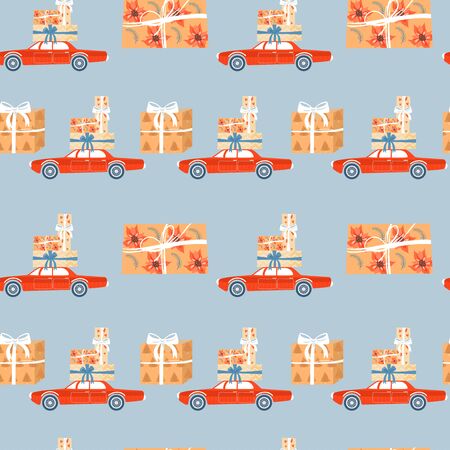 Christmas seamless pattern with Christmas presents and car with gifts. Vector flat illustration for textile, invitation, poster, background, wrapping paper, t-shirt.のイラスト素材
