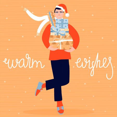 Christmas and Happy New Year greeting card. Happy man with Christmas gift boxes. Vector illustration.のイラスト素材