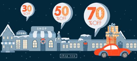 Holidays shopping. Christmas and Happy New Year sales banner. Car with Christmas gifts and purchases on the background of shops. Vector illustration.のイラスト素材