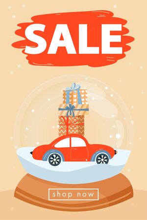 Holidays shopping. Christmas and Happy New Year sales poster. Snow globe with car and gifts. Christmas souvenir. Vector illustration.のイラスト素材