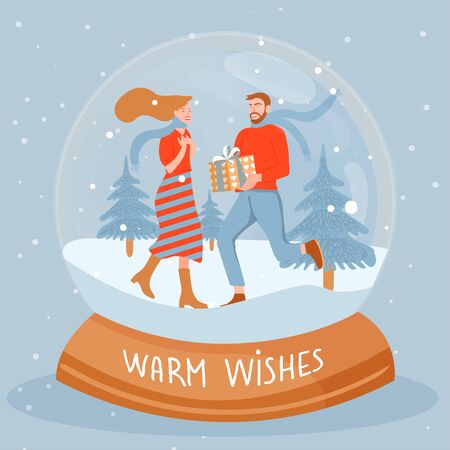 Christmas and Happy New Year illustration. Snow globe with happy couple. Man giving to his woman a gift box. Vector illustration.のイラスト素材