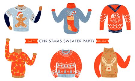 Christmas and Happy New Year invitation template on ugly sweater party. Card with various christmas sweaters. Illustration with inscription. Vector illustration.のイラスト素材