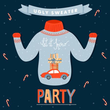 Christmas and Happy New Year invitation template on ugly sweater party. Card with ugly sweater and inscription. Vector illustration.のイラスト素材