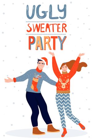 Christmas and Happy New Year poster template on ugly sweater party. Card with cute couple in  sweaters and inscription. Vector illustration.のイラスト素材