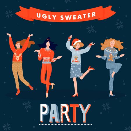 Christmas and Happy New Year banner template on ugly sweater party. Card with happy womans in sweaters. Vector illustration.のイラスト素材