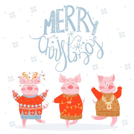 Christmas and Happy New Year greeting card. Illustration with happy pigs in sweaters. Vector illustration.のイラスト素材