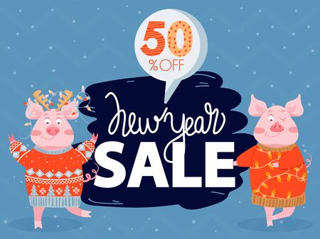 Shopping concept. Christmas and Happy New Year sales banner. Happy pigs in christmas sweater. Vector illustration.のイラスト素材