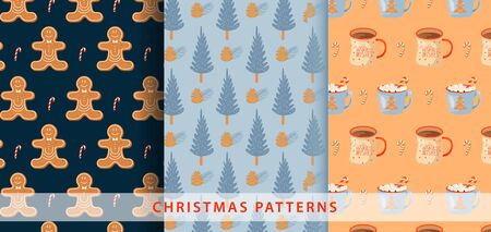 Set of Christmas pattern. Illustration with gingerbread man, candy,  fir-tree and mugs of cacao. Vector illustration for textile, postcard, wrapping paper, poster, background, cover.のイラスト素材