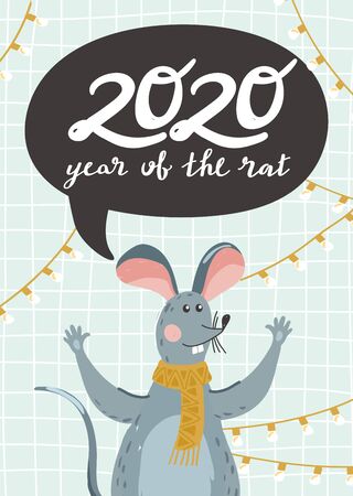 Greeting card for New Year with cute mouse, garland and lettering. Rat is Chinese symbol 2020 year. Merry Christmas card. Vector illustration.のイラスト素材
