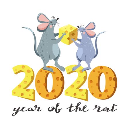 Merry Christmas card. Cheese word. Cute mouse with large piece of cheese and creative lettering. Rat is Chinese symbol 2020 year. Vector illustration on white background.のイラスト素材